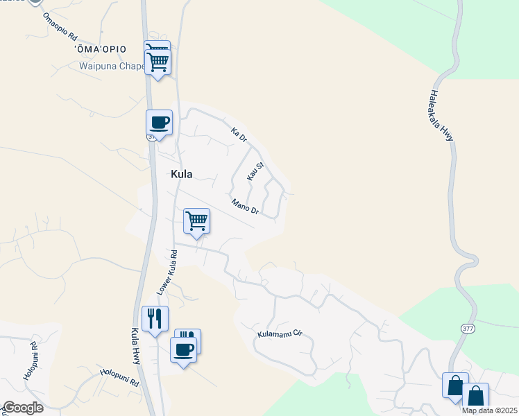 map of restaurants, bars, coffee shops, grocery stores, and more near 75 Mano Drive in Kula