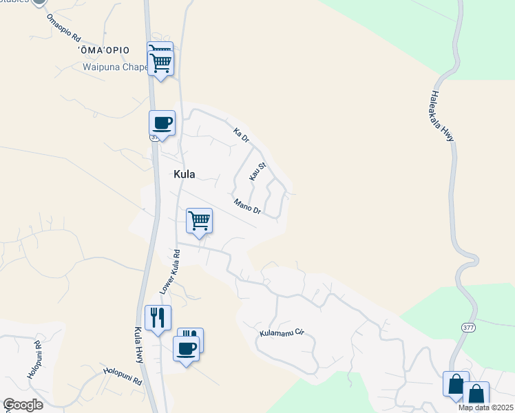 map of restaurants, bars, coffee shops, grocery stores, and more near 71 Mano Drive in Kula