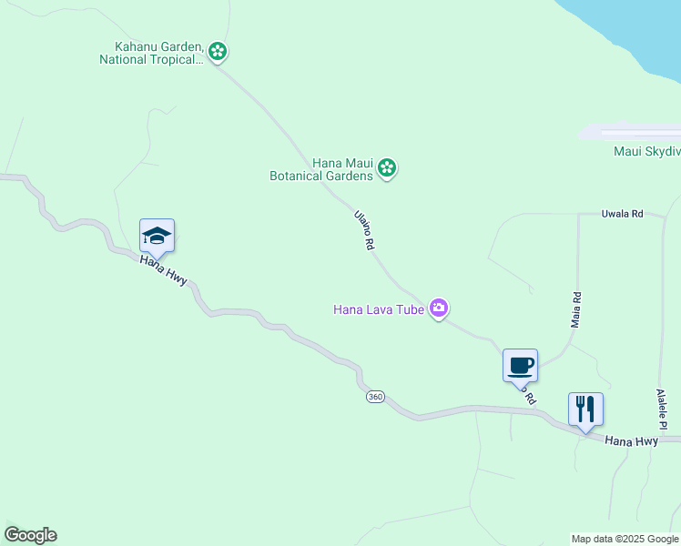 map of restaurants, bars, coffee shops, grocery stores, and more near 377 Ulaino Road in Hana