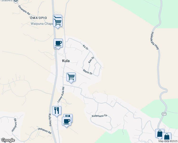 map of restaurants, bars, coffee shops, grocery stores, and more near 65 Mano Drive in Kula