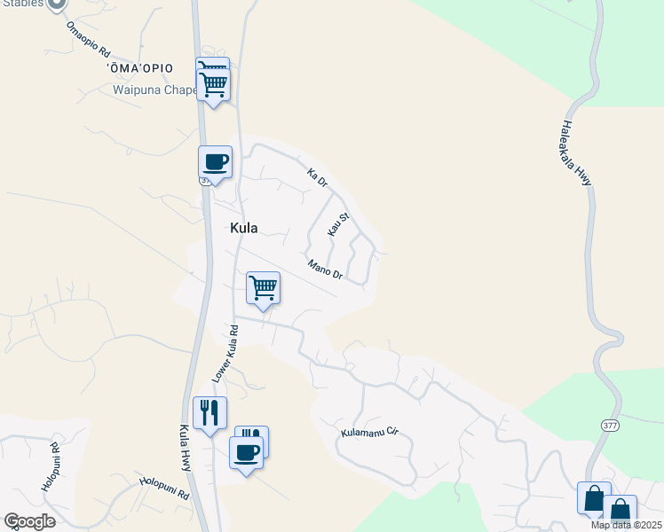map of restaurants, bars, coffee shops, grocery stores, and more near 65 Mano Drive in Kula