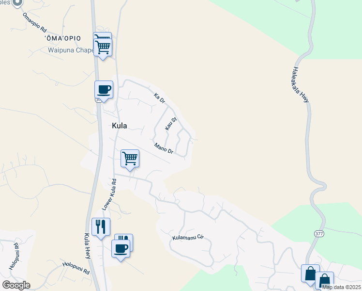 map of restaurants, bars, coffee shops, grocery stores, and more near 29 Manu Street in Kula