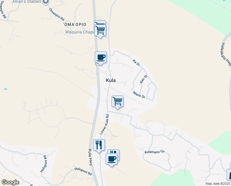 map of restaurants, bars, coffee shops, grocery stores, and more near 22 Akea Place in Kula