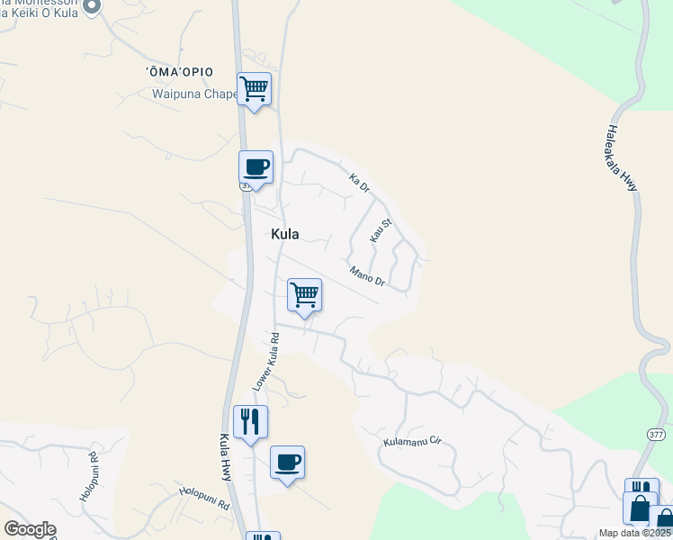 map of restaurants, bars, coffee shops, grocery stores, and more near 17 Makai Place in Kula
