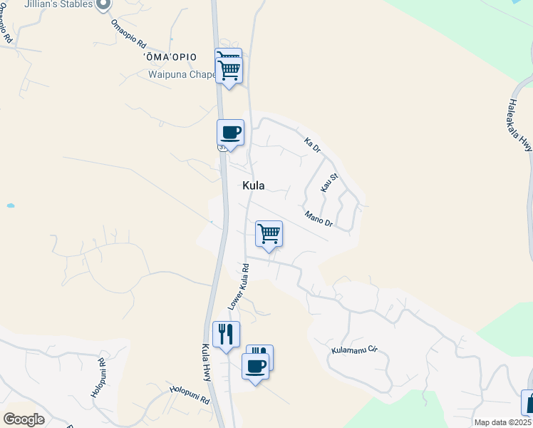 map of restaurants, bars, coffee shops, grocery stores, and more near 22 Akea Place in Kula