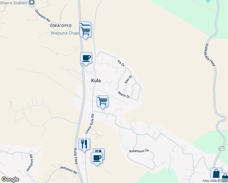 map of restaurants, bars, coffee shops, grocery stores, and more near 17 Makai Place in Kula