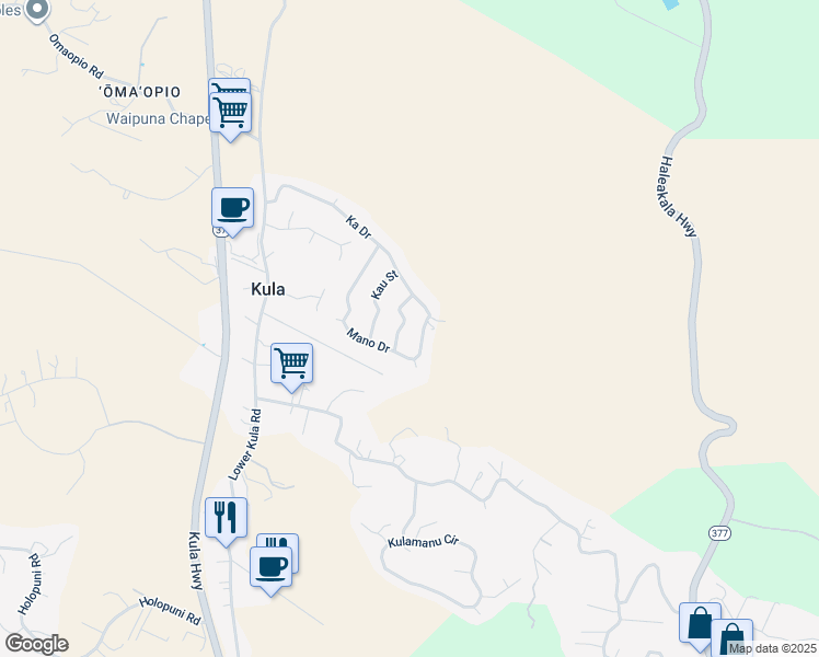 map of restaurants, bars, coffee shops, grocery stores, and more near 27 Manu Street in Kula