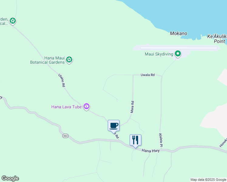 map of restaurants, bars, coffee shops, grocery stores, and more near 305 Uwala Road in Hana