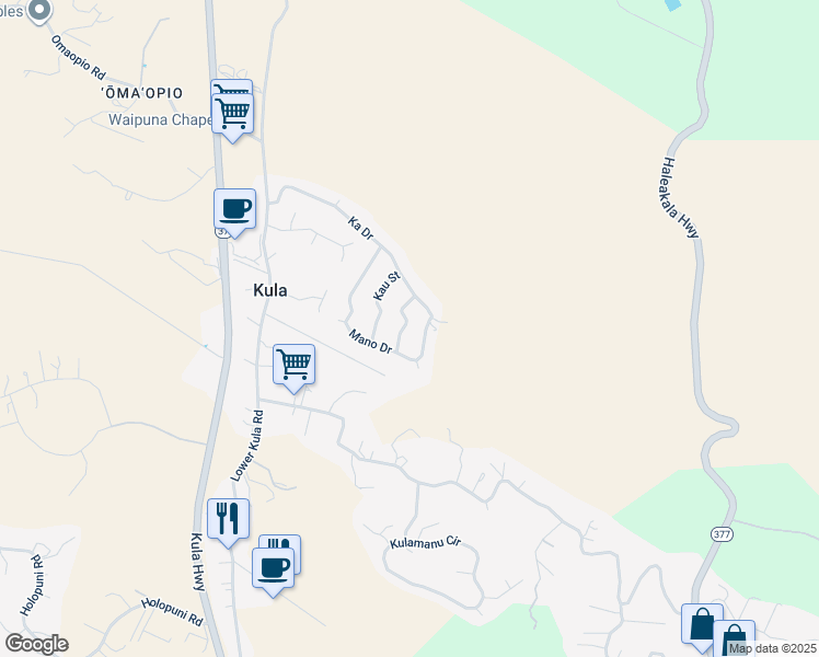 map of restaurants, bars, coffee shops, grocery stores, and more near 27 Manu Street in Kula