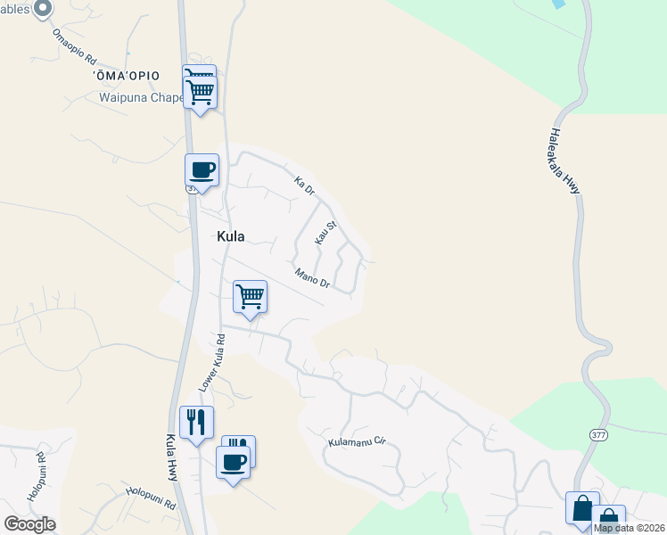 map of restaurants, bars, coffee shops, grocery stores, and more near 26 Manu Street in Kula