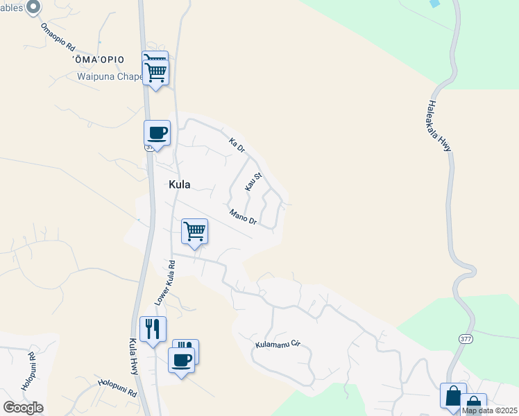 map of restaurants, bars, coffee shops, grocery stores, and more near 26 Manu Street in Kula
