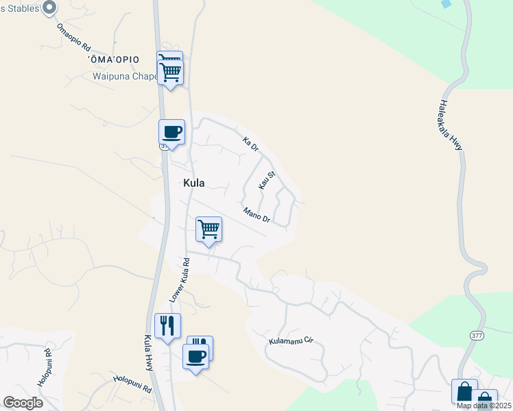 map of restaurants, bars, coffee shops, grocery stores, and more near 40 Kau Street in Kula