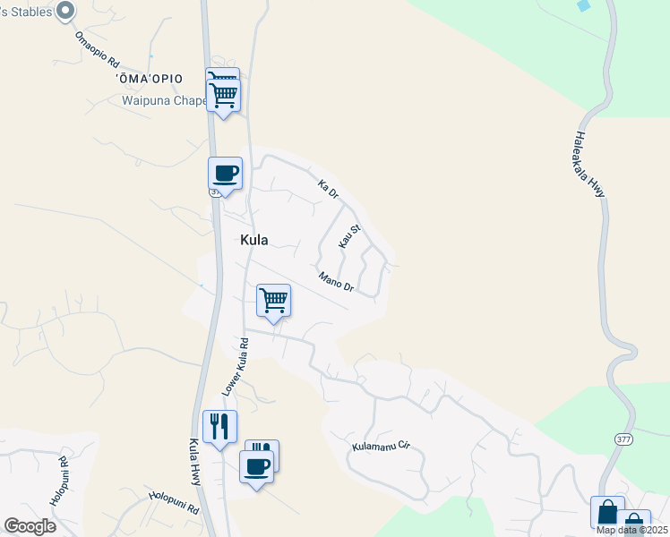 map of restaurants, bars, coffee shops, grocery stores, and more near 40 Kau Street in Kula