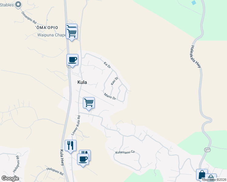 map of restaurants, bars, coffee shops, grocery stores, and more near 35 Kau Street in Kula
