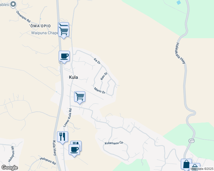 map of restaurants, bars, coffee shops, grocery stores, and more near 26 Manu Street in Kula