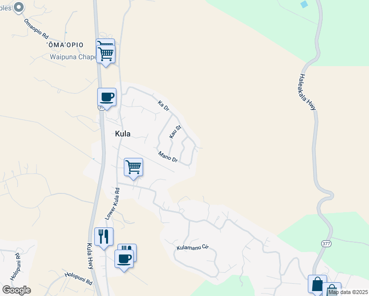 map of restaurants, bars, coffee shops, grocery stores, and more near 100 Mano Drive in Kula