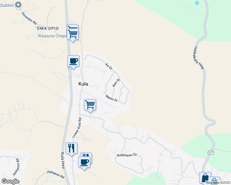 map of restaurants, bars, coffee shops, grocery stores, and more near 35 Kau Street in Kula