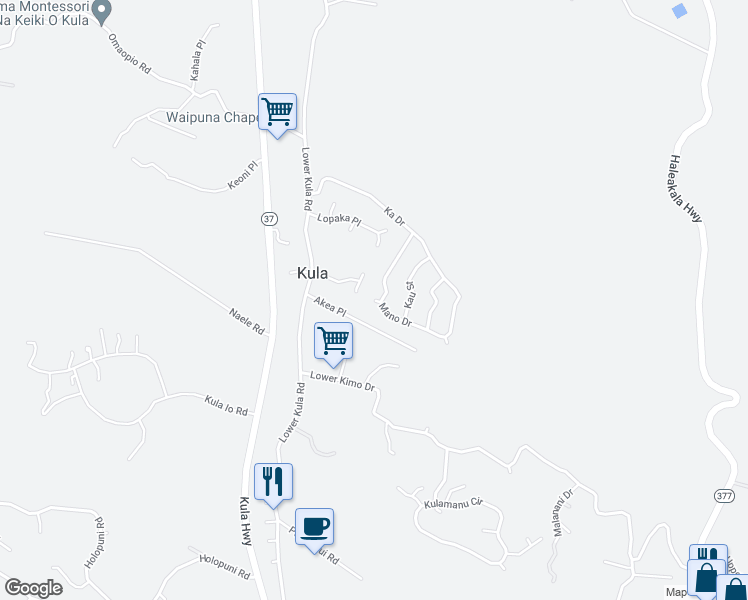 map of restaurants, bars, coffee shops, grocery stores, and more near 199 Makai Place in Kula