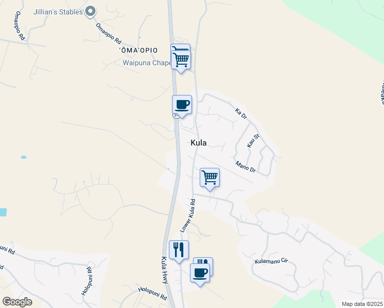 map of restaurants, bars, coffee shops, grocery stores, and more near 2150 Lower Kula Road in Kula