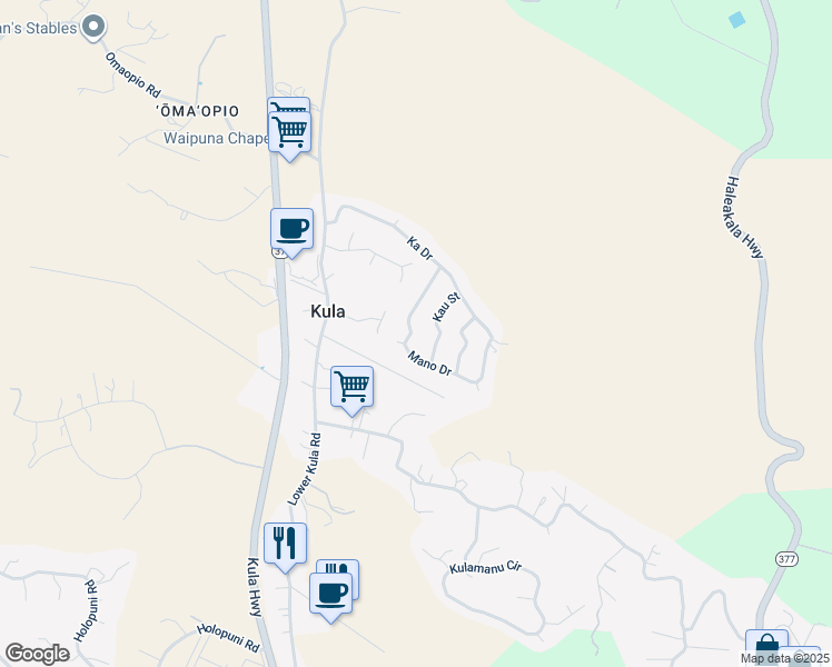 map of restaurants, bars, coffee shops, grocery stores, and more near 43 Mano Drive in Kula