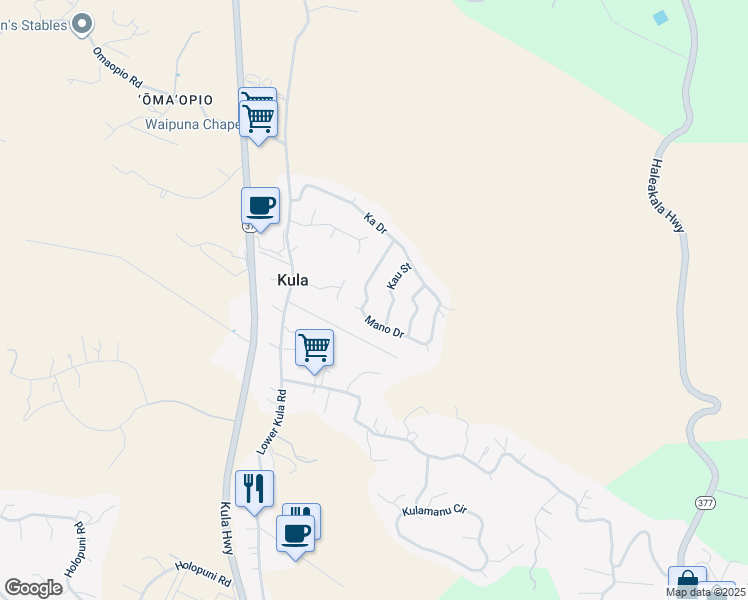 map of restaurants, bars, coffee shops, grocery stores, and more near 43 Mano Drive in Kula