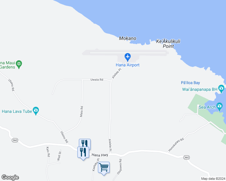 map of restaurants, bars, coffee shops, grocery stores, and more near 340 Alalele Place in Hana