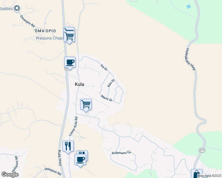 map of restaurants, bars, coffee shops, grocery stores, and more near 25 Kau Street in Kula