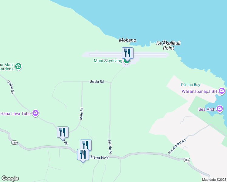 map of restaurants, bars, coffee shops, grocery stores, and more near 340 Alalele Place in Hana