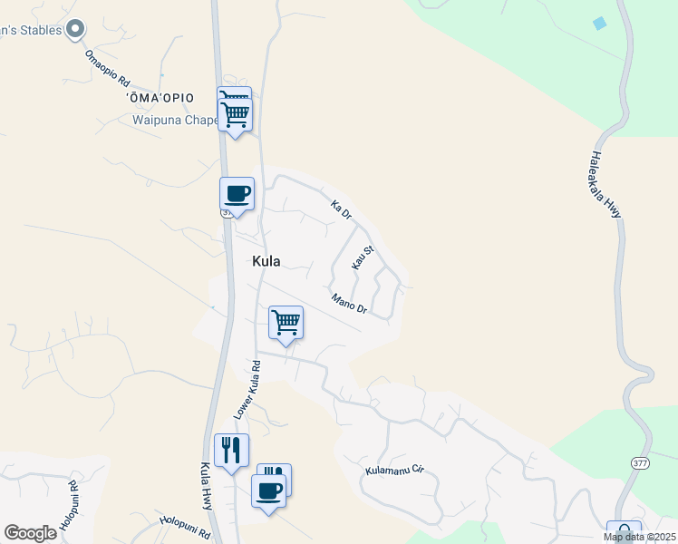 map of restaurants, bars, coffee shops, grocery stores, and more near 43 Mano Drive in Kula