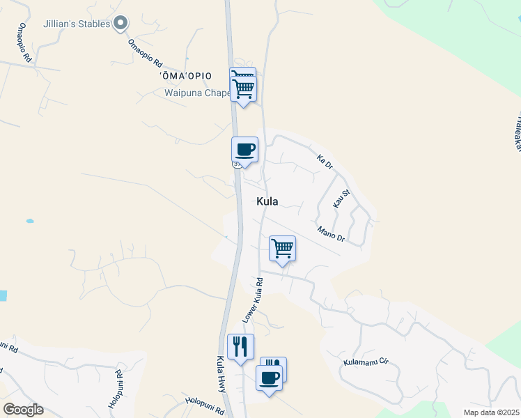 map of restaurants, bars, coffee shops, grocery stores, and more near 11 Waokele Place in Kula