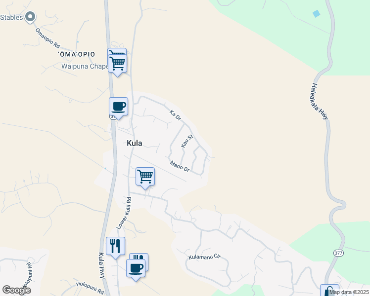 map of restaurants, bars, coffee shops, grocery stores, and more near 25 Kau Street in Kula