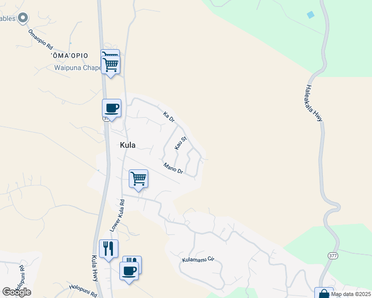 map of restaurants, bars, coffee shops, grocery stores, and more near 14 Manu Street in Kula