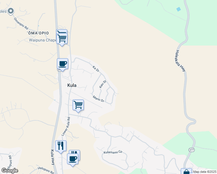 map of restaurants, bars, coffee shops, grocery stores, and more near 12 Manu Street in Kula