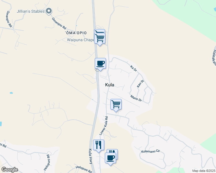 map of restaurants, bars, coffee shops, grocery stores, and more near 11 Waokele Place in Kula