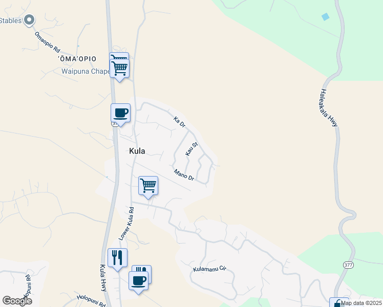 map of restaurants, bars, coffee shops, grocery stores, and more near 17 Kau Street in Kula