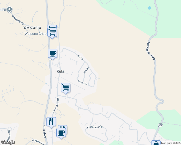 map of restaurants, bars, coffee shops, grocery stores, and more near 12 Manu Street in Kula
