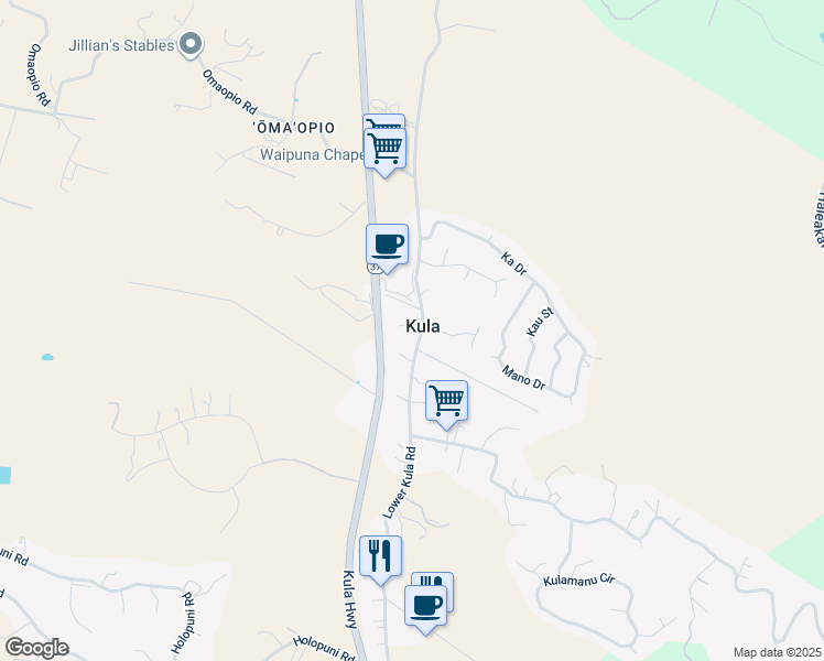 map of restaurants, bars, coffee shops, grocery stores, and more near 11 Waokele Place in Kula