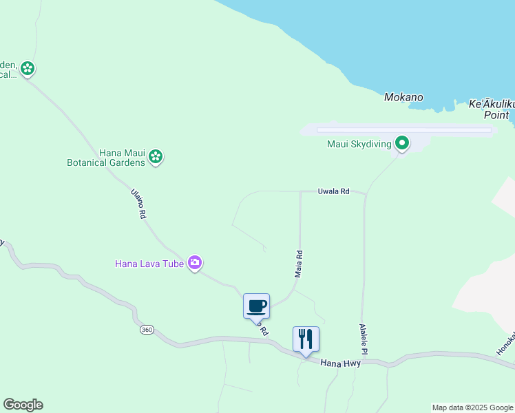 map of restaurants, bars, coffee shops, grocery stores, and more near 255 Uwala Road in Hana