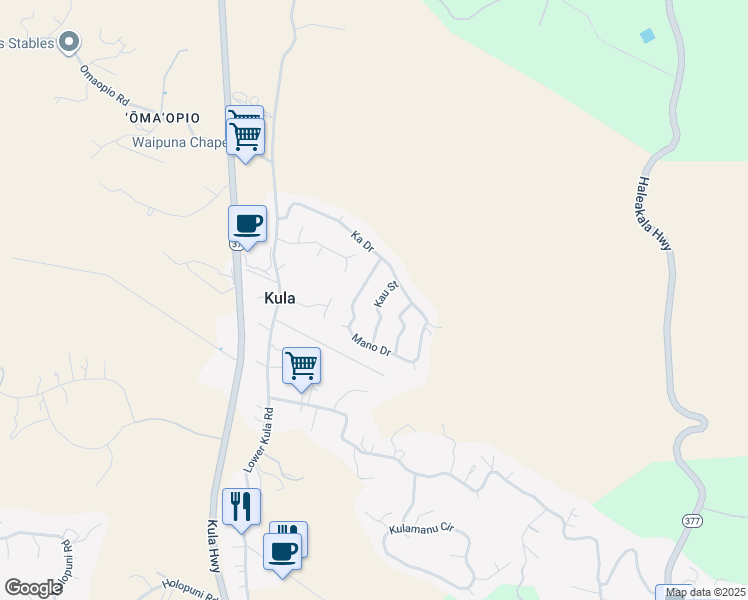 map of restaurants, bars, coffee shops, grocery stores, and more near 24 Kau Street in Kula