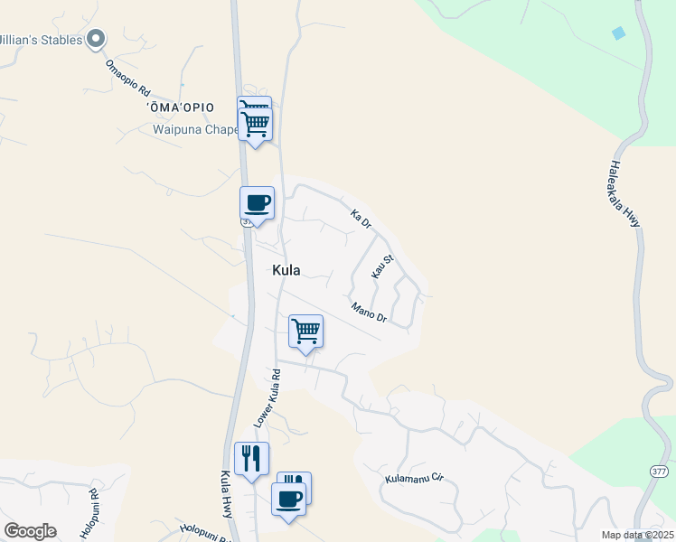 map of restaurants, bars, coffee shops, grocery stores, and more near 108 Waimele Place in Kula