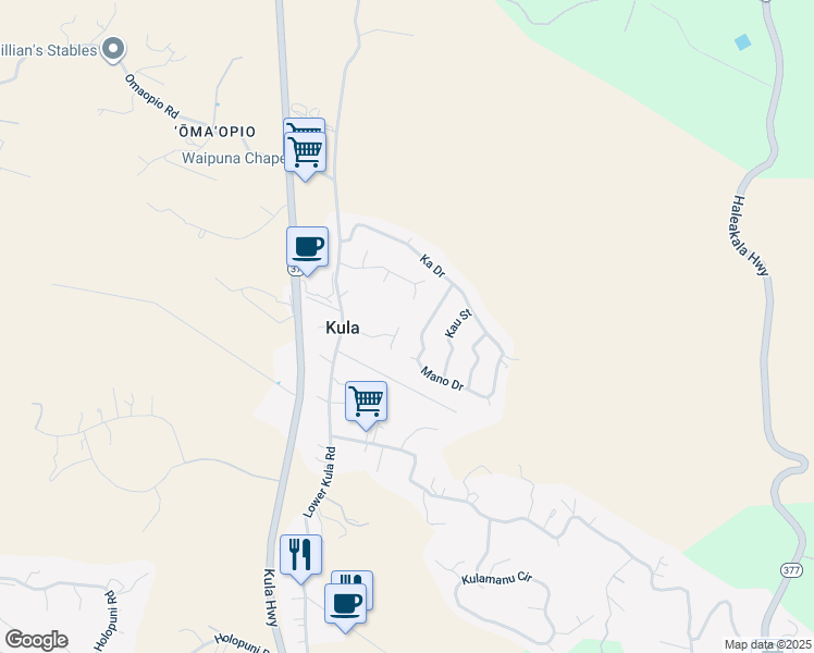 map of restaurants, bars, coffee shops, grocery stores, and more near 108 Waimele Place in Kula