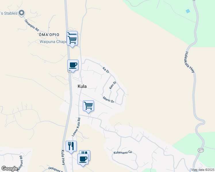 map of restaurants, bars, coffee shops, grocery stores, and more near 25 Mano Drive in Kula