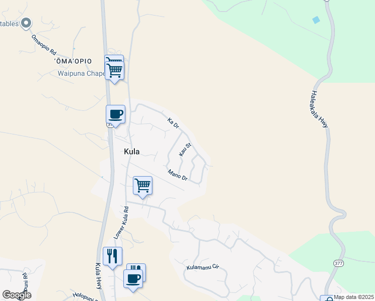 map of restaurants, bars, coffee shops, grocery stores, and more near 17 Kau Street in Kula