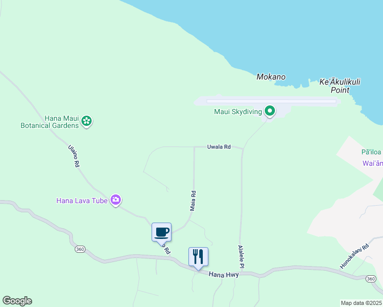 map of restaurants, bars, coffee shops, grocery stores, and more near 155 Uwala Road in Hana