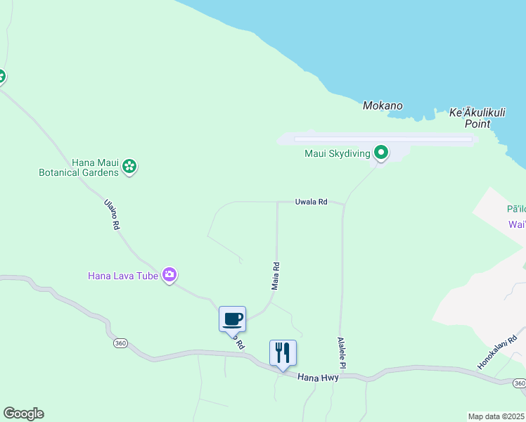 map of restaurants, bars, coffee shops, grocery stores, and more near 155 Uwala Road in Hana
