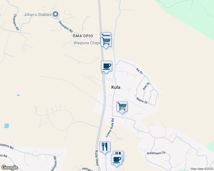 map of restaurants, bars, coffee shops, grocery stores, and more near 30 Waokele Place in Kula