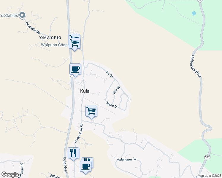 map of restaurants, bars, coffee shops, grocery stores, and more near 25 Mano Drive in Kula