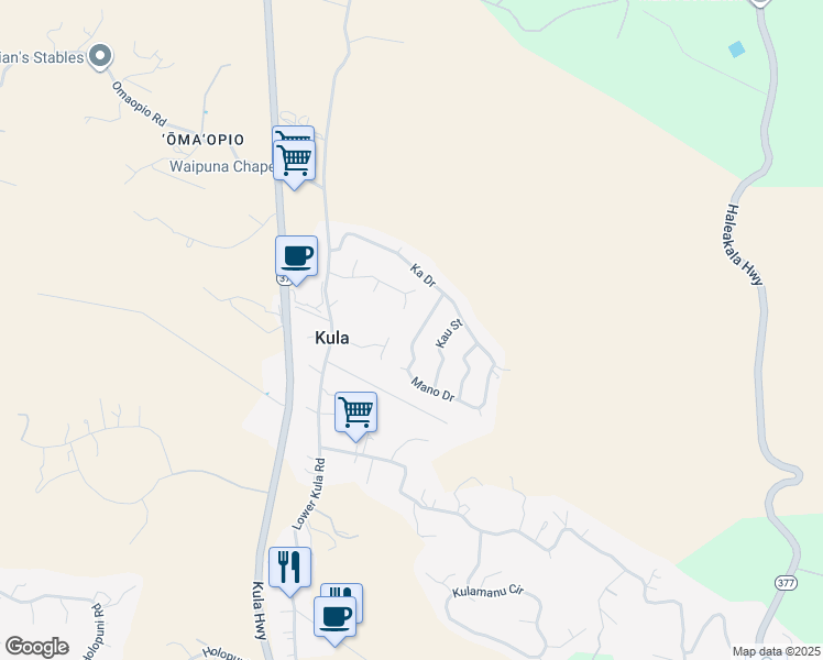 map of restaurants, bars, coffee shops, grocery stores, and more near 28 Mano Drive in Kula
