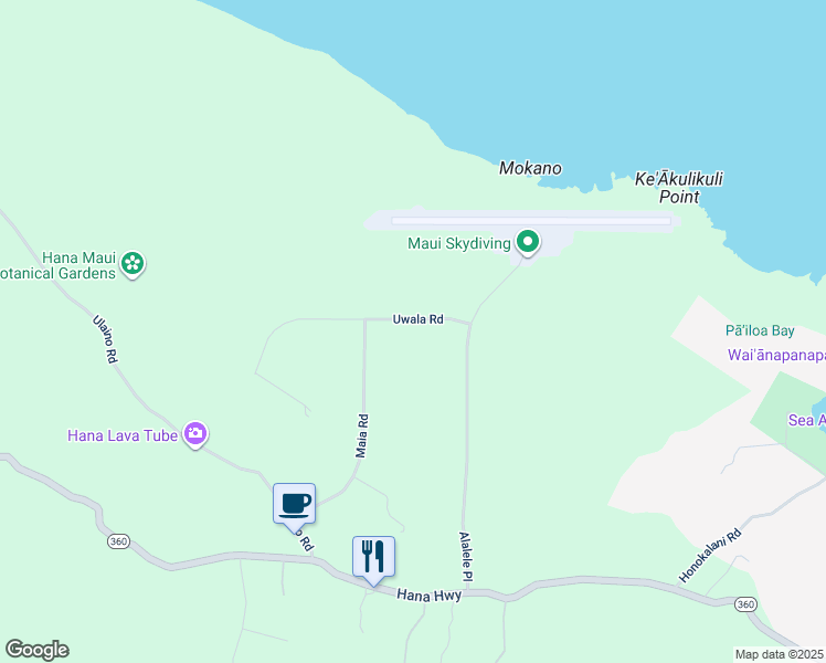 map of restaurants, bars, coffee shops, grocery stores, and more near 125 Uwala Road in Hana