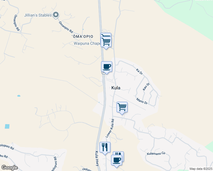 map of restaurants, bars, coffee shops, grocery stores, and more near 30 Waokele Place in Kula
